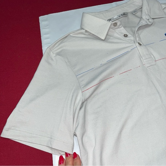 Travis Mathews Light GRAY golf POLO Shirt ALBANY On Sleeve Blue Chest Stripes M - Picture 13 of 15